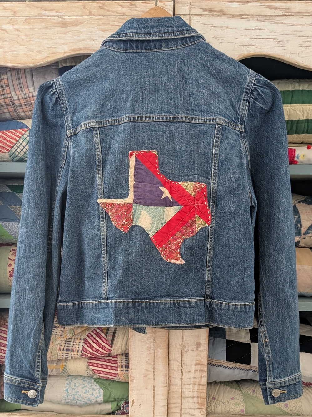 Denim Jacket with Texas shape from Vintage Quilt
